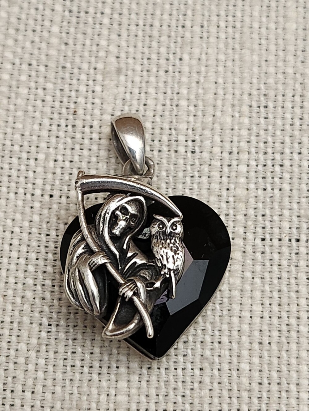 Sterling Silver Grim Reaper & Owl Faceted Black Stone Heart Pendant